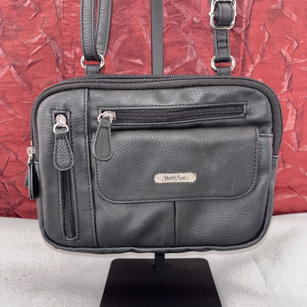 Multi Sac Dark Black Vegan Leather Crossbody Purse Shoulder Bag Multi Pocket